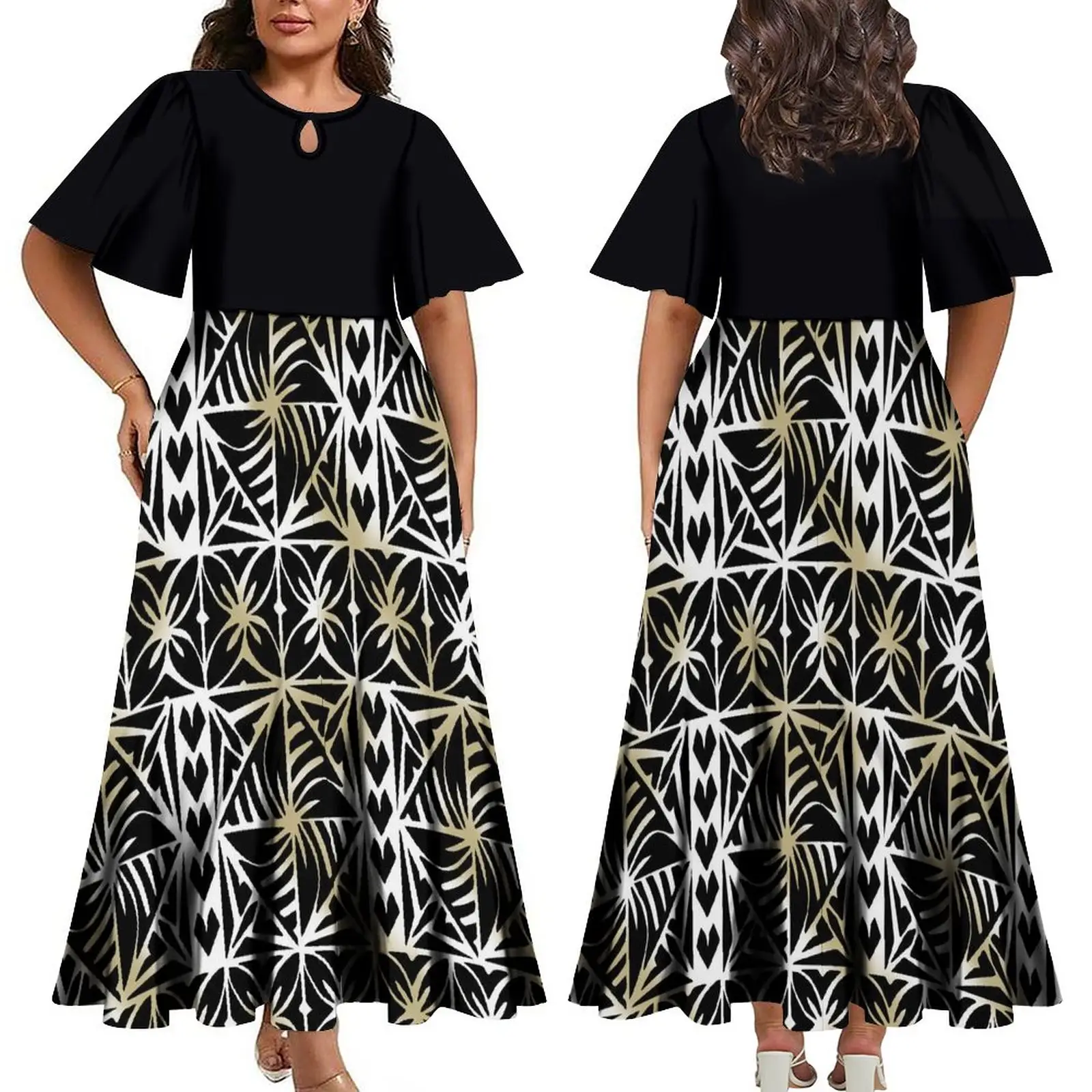 Hot Selling Plus Size Womens Clothing Custom Tapa Polynesian Tribal Design Samoan Dress Half Sleeve Long Pleated Ladies Dresses