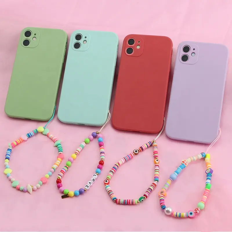 Funda de teléfono personalizada, sencilla, multicolor, lisa, con cuentas, pulsera, cordón