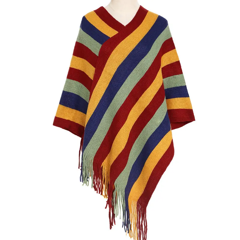 Malha poncho padrão para as mulheres xale manto listrado quente malha manto borla pullover xale