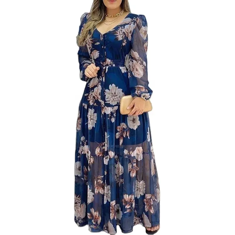 YT 2024 Vestido de chiffon floral casual com decote em V estampado de malha vestidos maxi femininos elegantes vestido longo