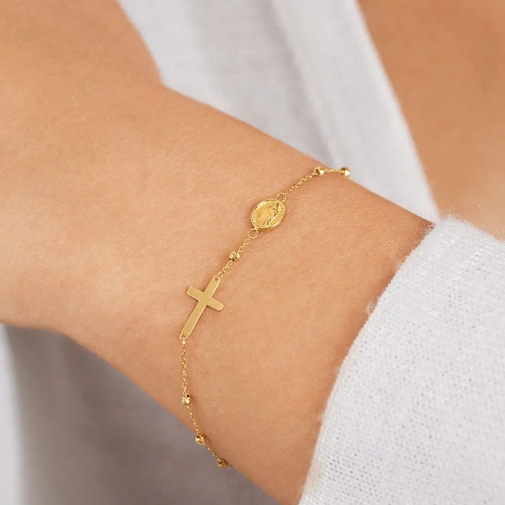 Cruz religiosa chapada en oro pulsera personalizada medalla bola y Cruz pulsera Regalo para mamá para mujer pulsera de Rosario Cristiano