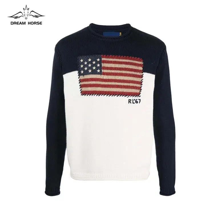 AiNear großhandel kundenspezifisches logo design oem & odm langärmlig rundhalsausschnitt amerikanische flagge jacquard herrenwolle gestrickter pullover pullover