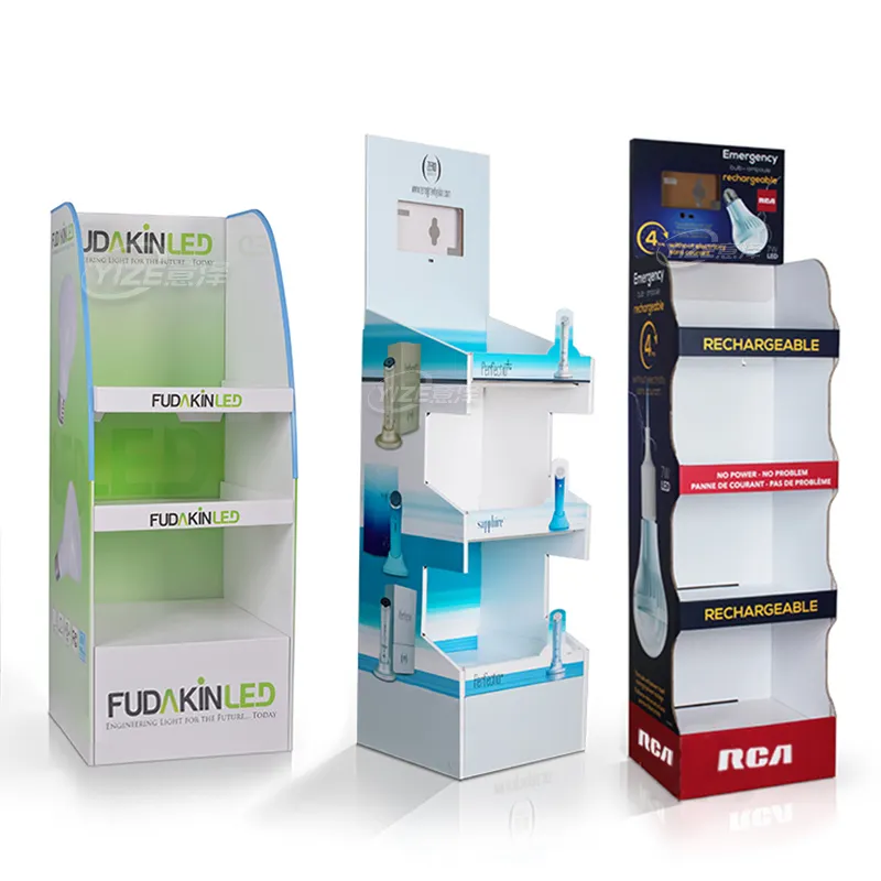 Estante de exhibición de cartón con logotipo personalizado impreso, Unidad de pie de suelo corrugado, estante de papel para productos electrónicos