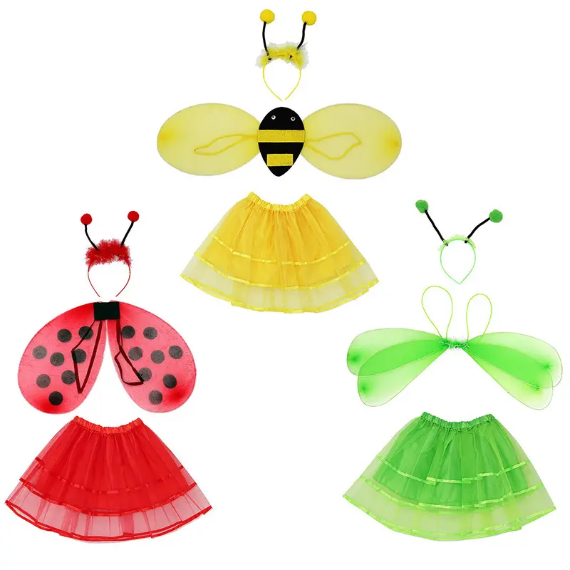Conjunto de asas de carnaval infantil Halloween Cosplay linda abelhinha pequena libélula com tatuagem de princesa saia de três peças
