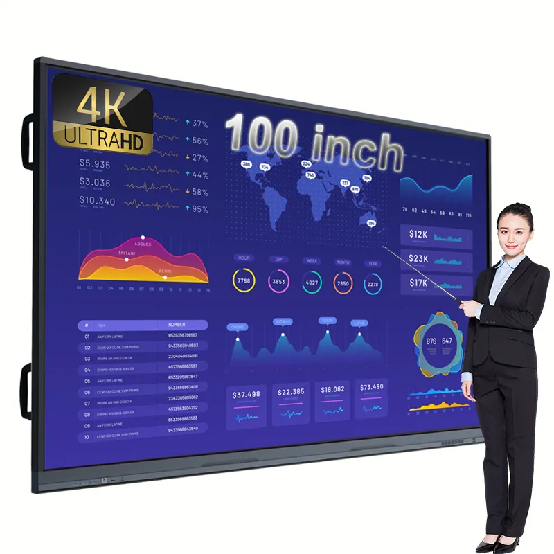 Painel interativo plano personalizado profissional para tela de toque infravermelho 4K, quadro branco interativo de 65 75 85 98 100 110 polegadas