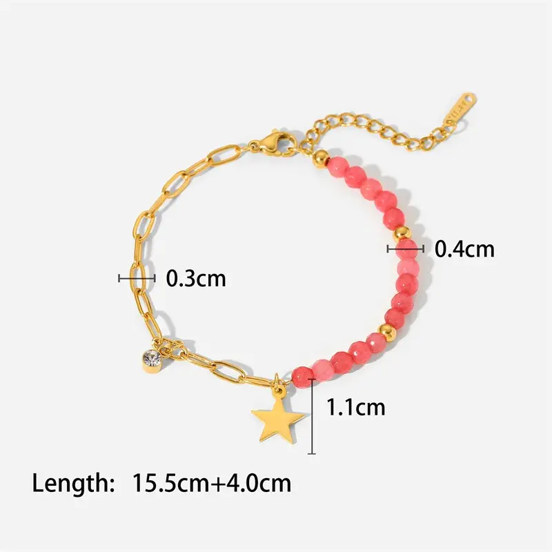 Dainty gelang baja tahan karat 18K wanita, gelang rantai manik-manik batu merah muda cantik emas 18K