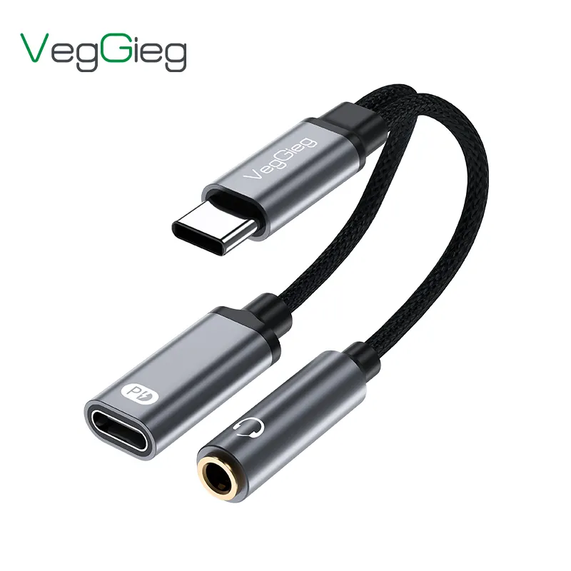 Veggieg 2 In 1 USB 3.1 Type C Type-C USBCから3.5mmAuxオーディオヘッドフォンジャックPD充電電源アダプターケーブル