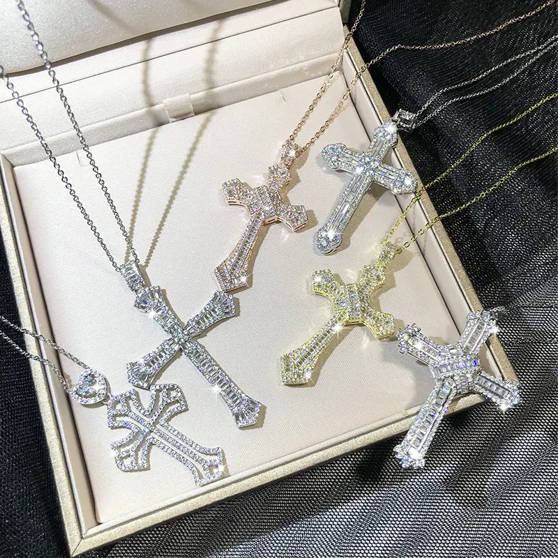 Classic Retro Shiny Cubic Zirconia Cross For Women Fashion Gold Silver Color Crystal Cross Choker Pendant Necklace Party Jewelry