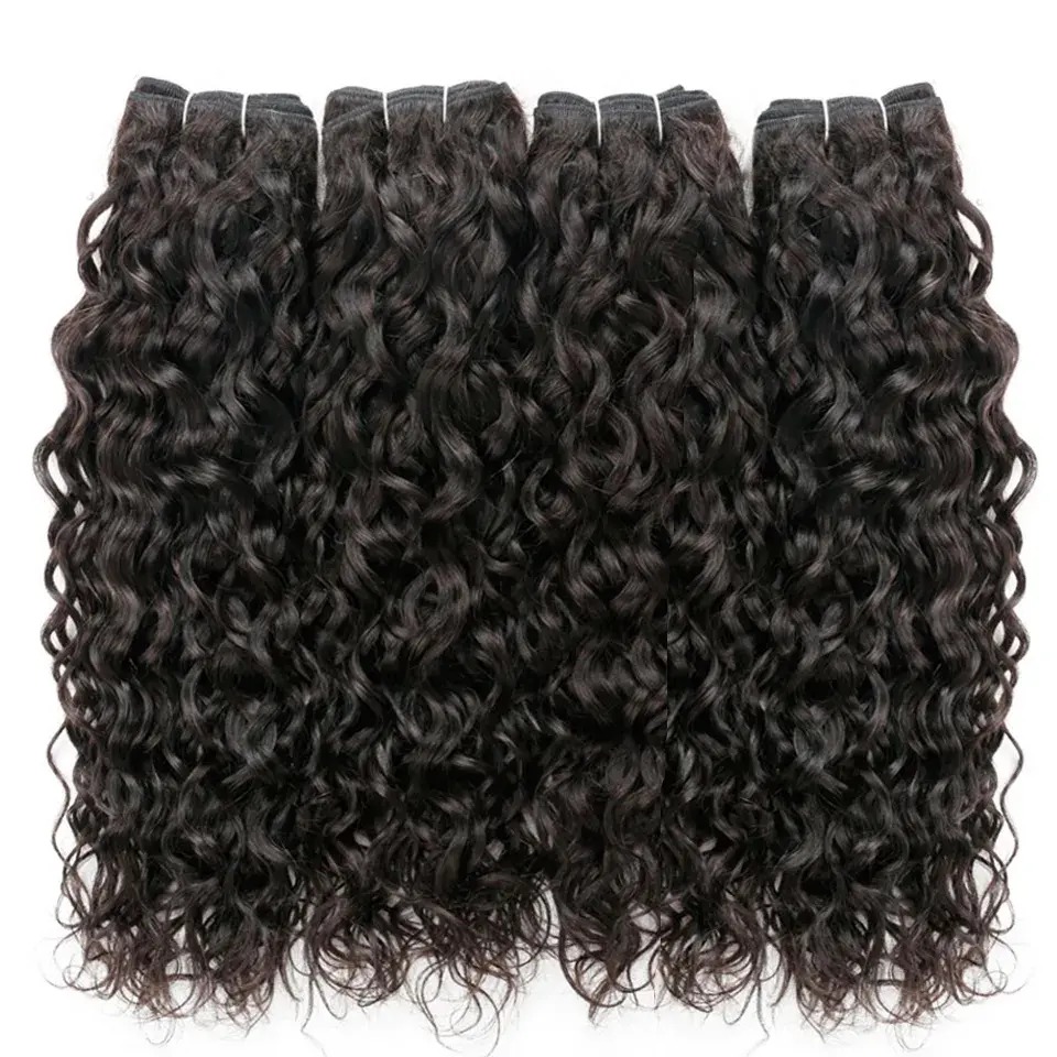 Bundel rambut bergelombang tubuh virgin mentah 100% rambut manusia dengan depan dan penutup air bundel rambut manusia Brasil gelombang air