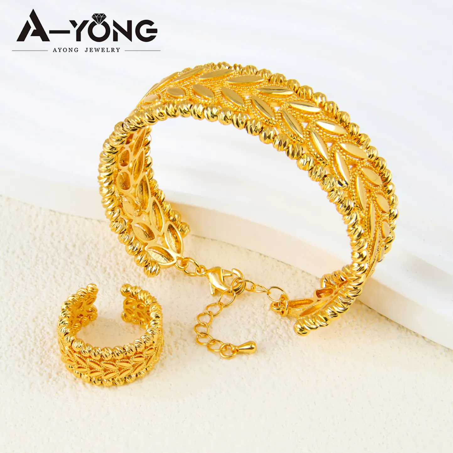 Ayong bijoux haute qualité Unique feuille Bracelet et bague ensemble ouvert femmes ensemble de bijoux personnalisé