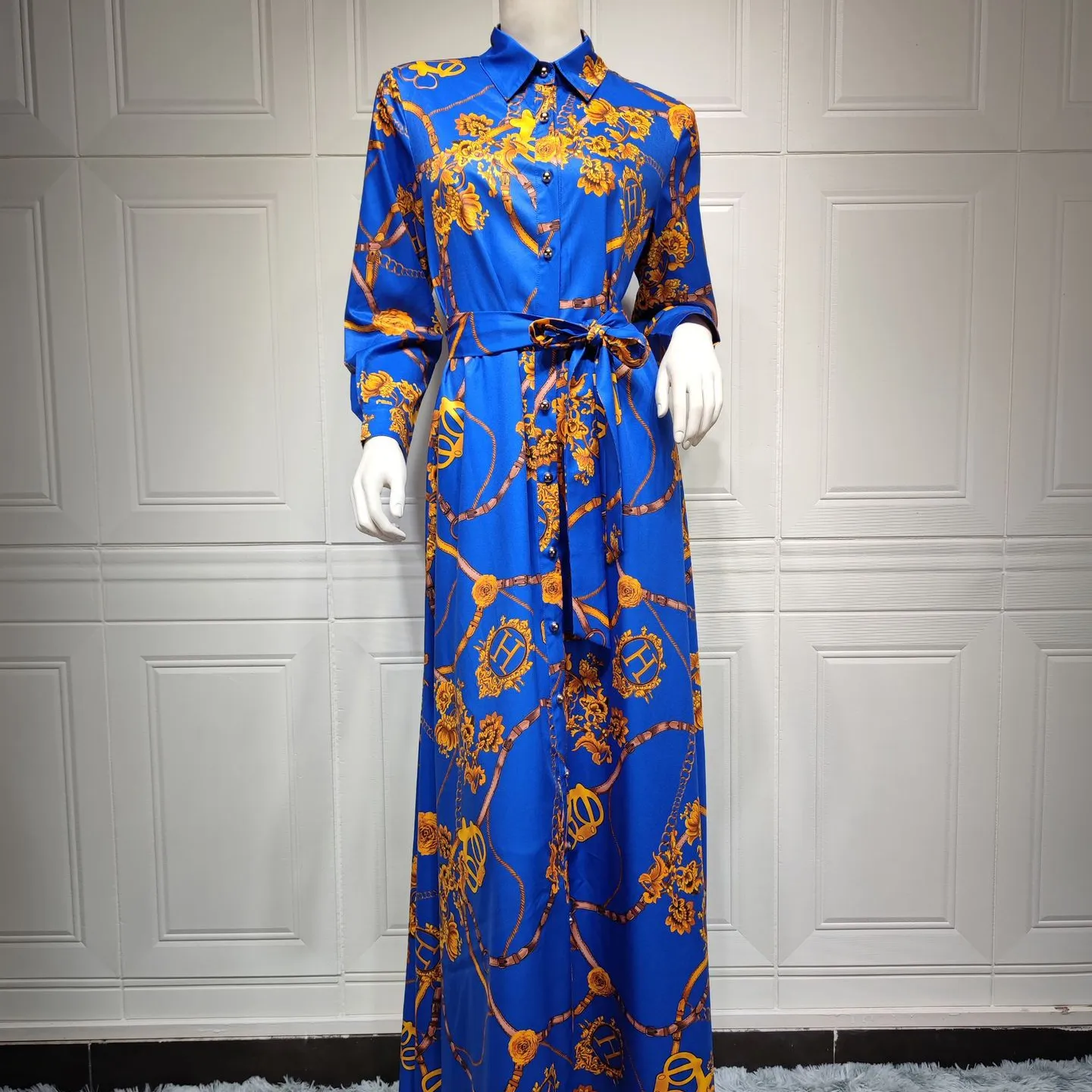 Casual Dresses Plus Size Women Latest Design Middle East Muslim Dress Indonesia Vintage Print Large Swing Skirt Dress Elegant