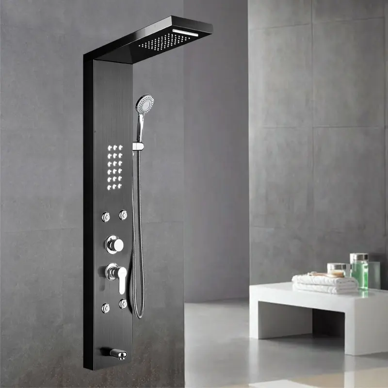 Panel de ducha de acero inoxidable, sistema de masaje de cascada de lluvia y boquilla de bañera, 5 funciones, accesorios de ducha de baño