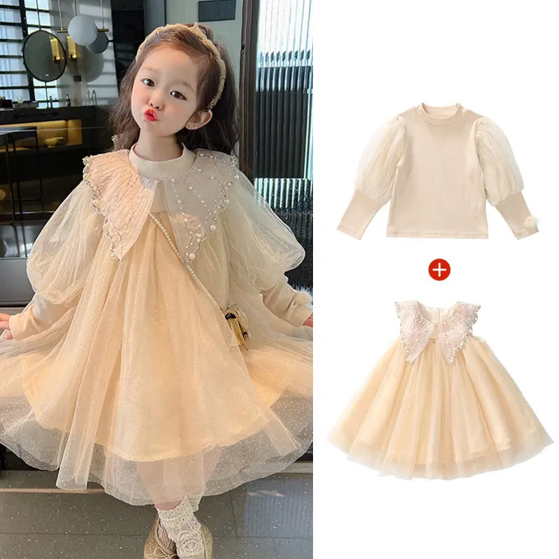 Otoño niño niños niñas Boutique 2 uds conjuntos de ropa Puff mangas Top perla cuello princesa vestido de fiesta 3 años ropa suave