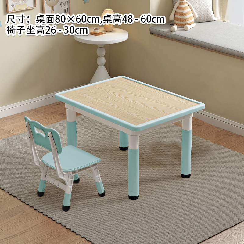 Une table et une chaise de couleur bleu baleine grain de bois.