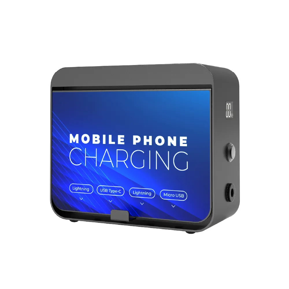 Y2 güç taşınabilir çelik mobil şarj kutusu 2 akülü telefon şarj istasyonu çift yan reklamlar ve kablosuz şarj ile