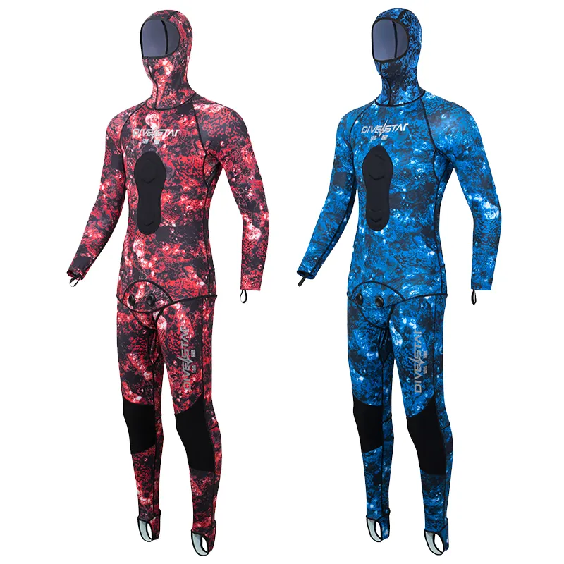 DIVESTAR Traje de pesca submarina de camuflaje azul y rojo para hombre de 0,5 mM de neopreno súper elástico de buena calidad