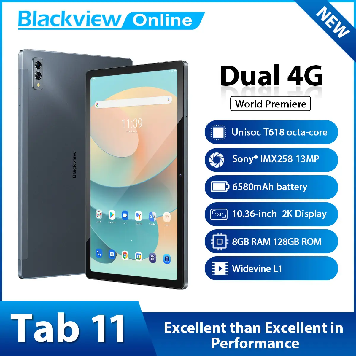 Blackview Tab 11 10.36 pollici 2K Display 8GB 128GB Octa core Dual 4G telefonata Tablet PC 6580mAh batteria 13MP Tablet fotocamera