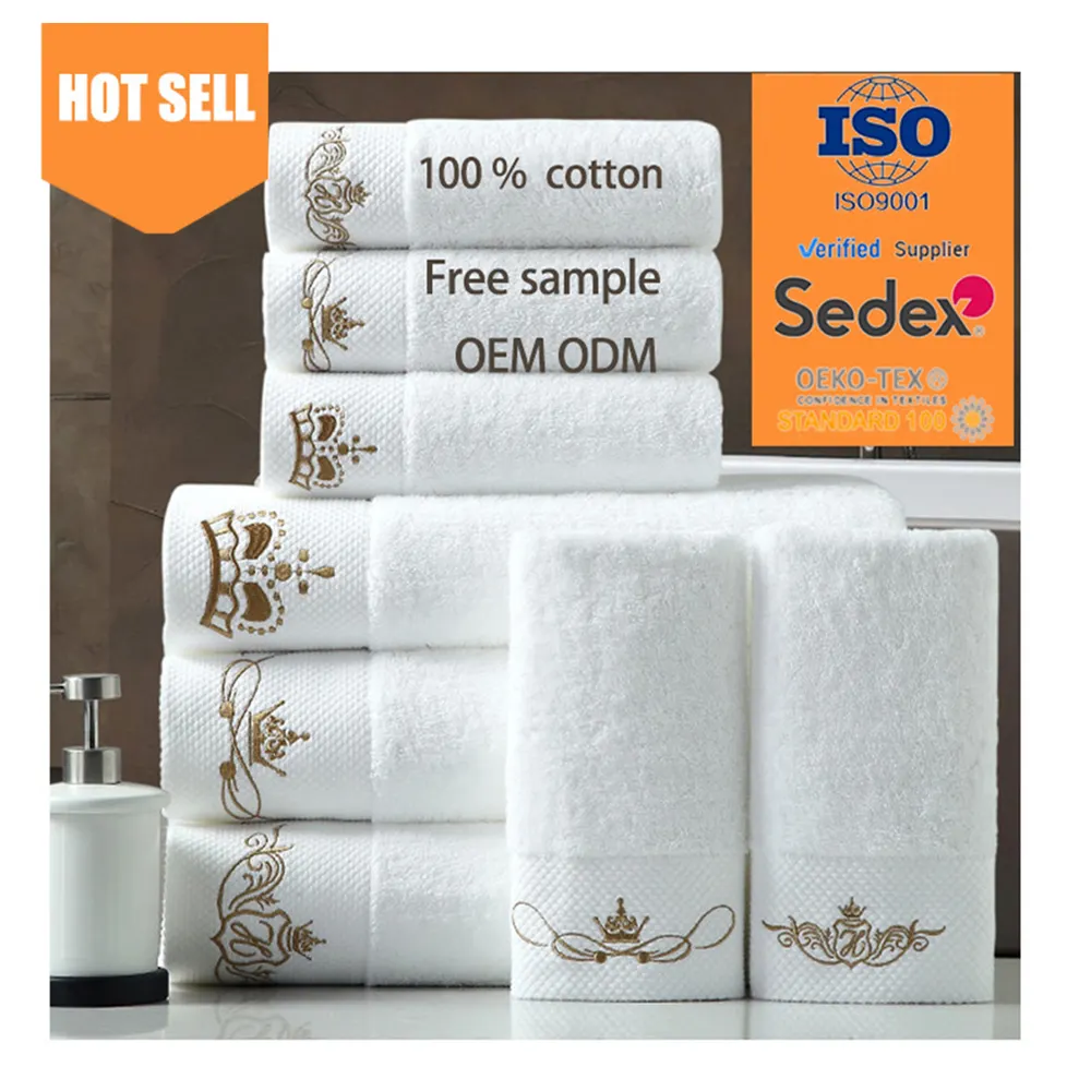 Vente en gros de luxe broderie serviette blanc hôtel Spa serviette de bain toalla serviette 100% véritable coton hôtel serviette de bain