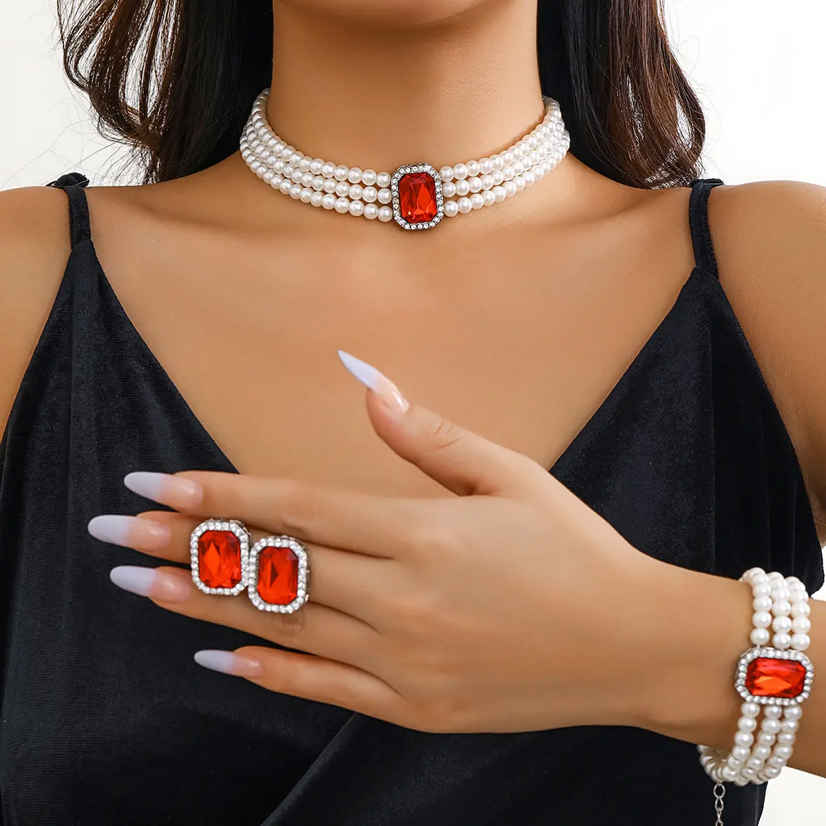 Ensemble de collier ras du cou élégant vintage ovale carré en strass bijoux de mariage en couches perles turquoise pour femmes