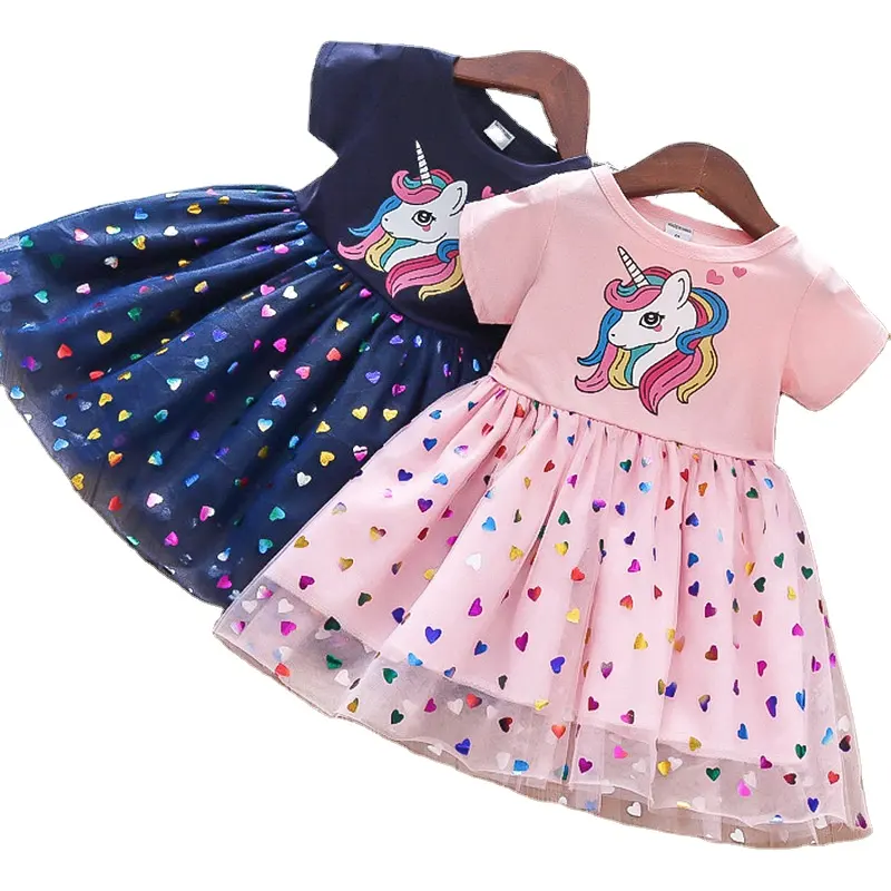 2023 Novas Meninas De Verão Vestido De Algodão Dos Desenhos Animados Unicorn Splicing Mesh Party Princess Vestidos Para Meninas Roupas De Aniversário