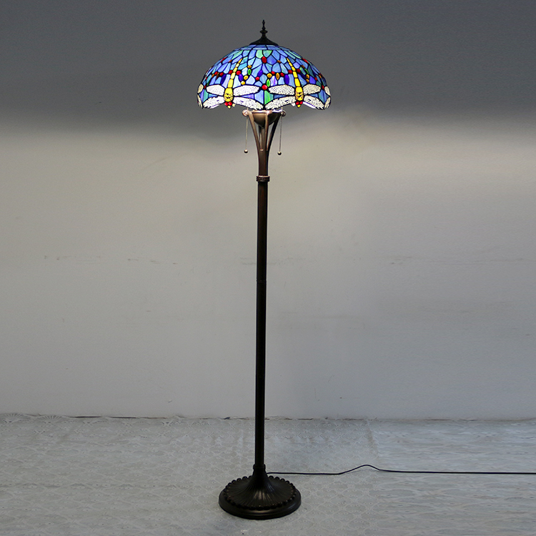LongHuiJing Dragonfly Tiffany Styled Floor Lamp 16 inch Wide 2-Light Double Chains Stained Glass Shade Antique Base Decor Lights