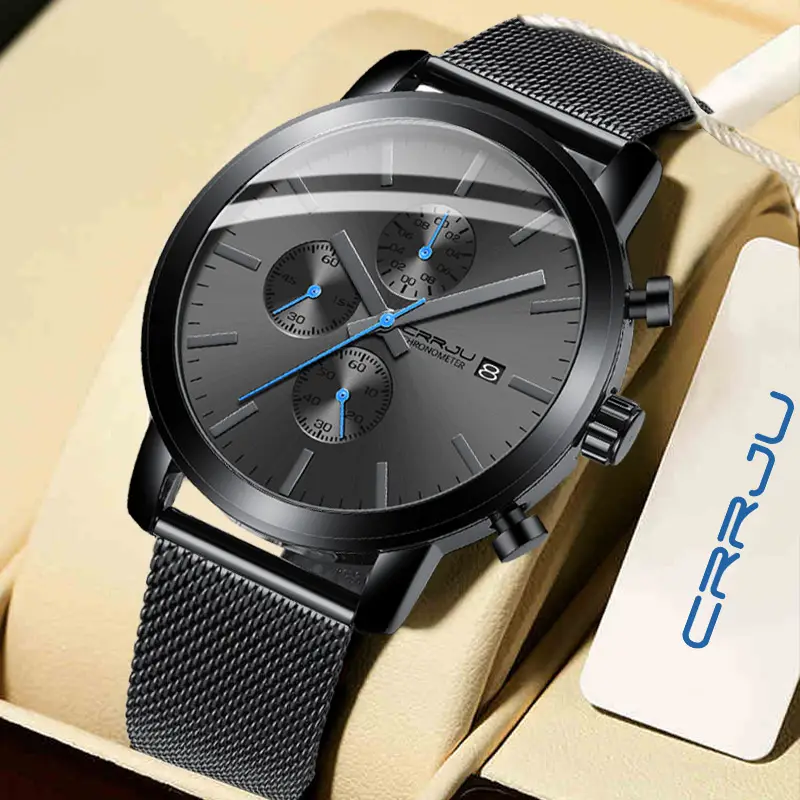 Crrju jam tangan kuarsa untuk pria, arloji asli pabrik baja jaring hitam tahan air dengan casing Aloi Chronograph