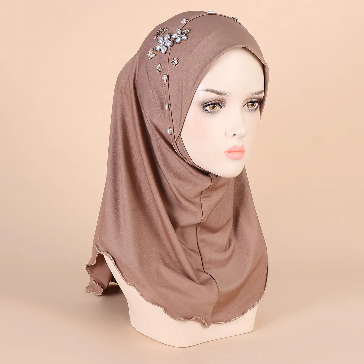Wholesale High Quality Designs Silk Muslim Chiffon Polyester Bonnet Flexible Customized Pearl Flower Butterfly Headgear Soft Cap