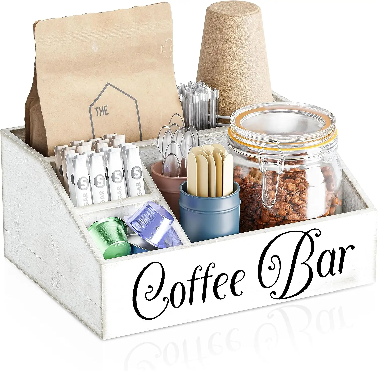 Farmhouse Wooden White Coffee Station Storage Organizer for office hotel Countertop Coffee Bar