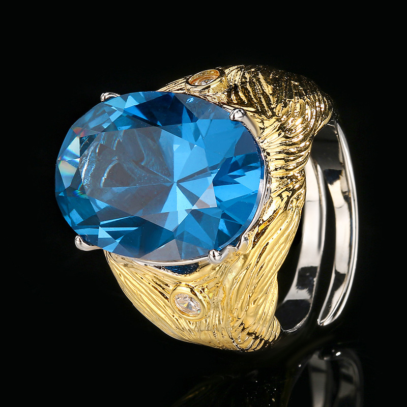 Bague bleue à cristal pointu, taille ajustable