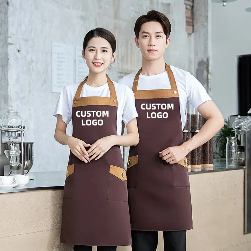 Logo personalizzato stampato 100% cotone tessuto uniforme da lavoro ristorante Cafe Bar grembiuli da cuoco maschio femmina cameriere cameriera Barista grembiule