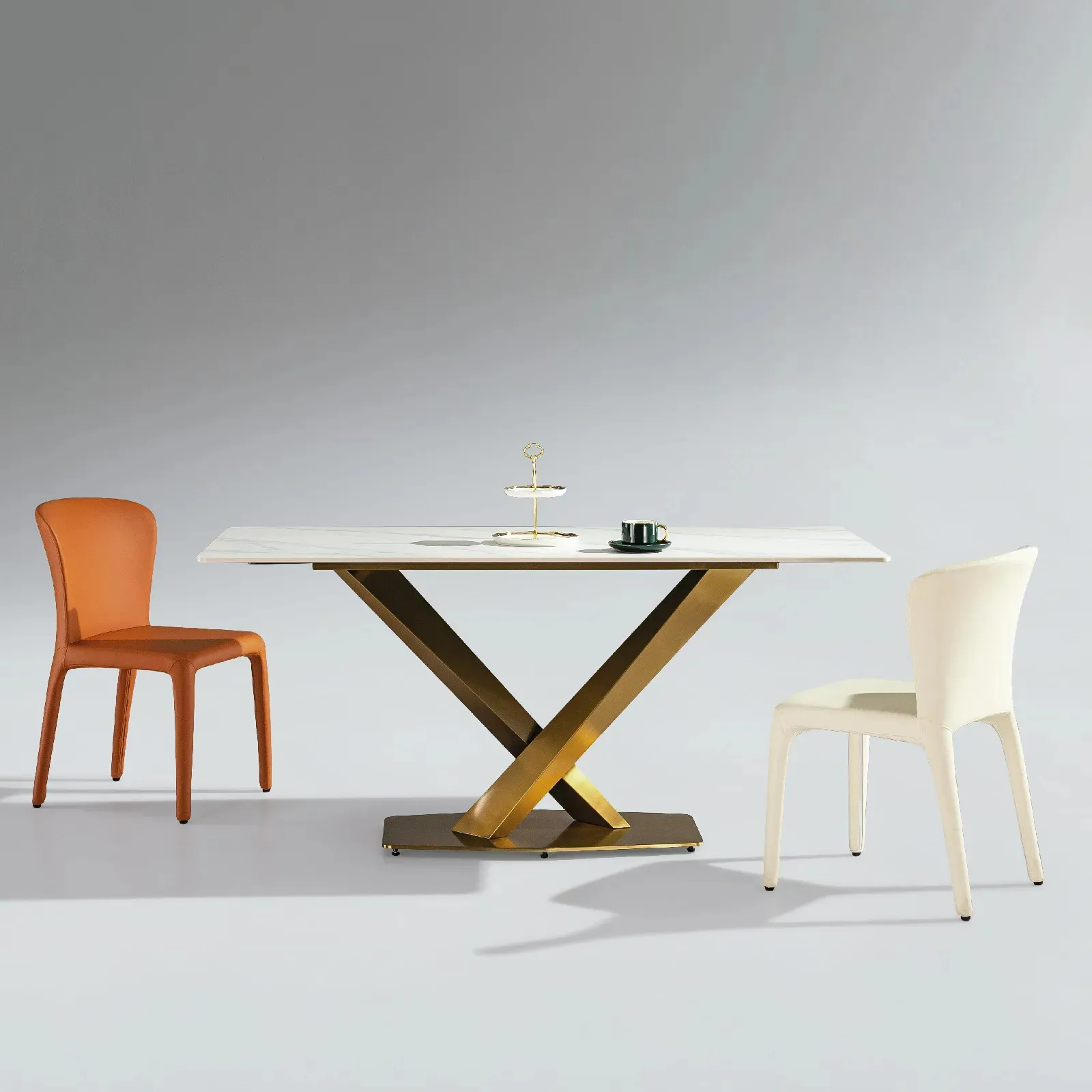 Ardesia classico rettangolo in porcellana opaca tavolo da pranzo in acciaio inox mobili per la casa di lusso moderno bianco e oro tavolo da pranzo