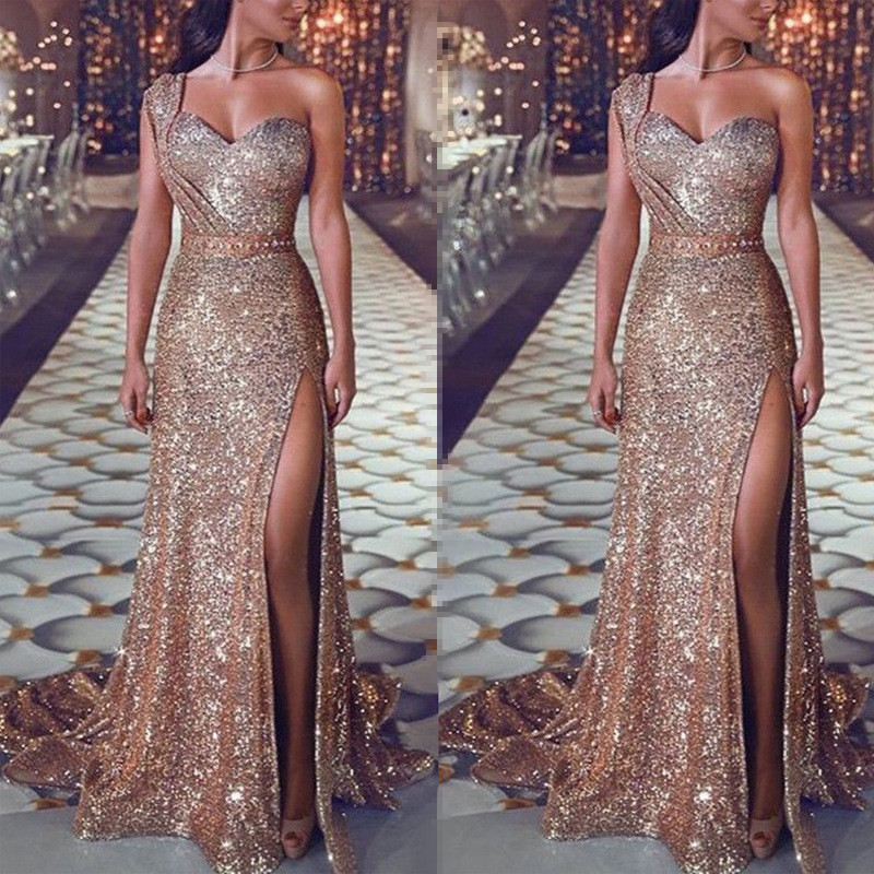 Gold one shoulder sequin prom dress