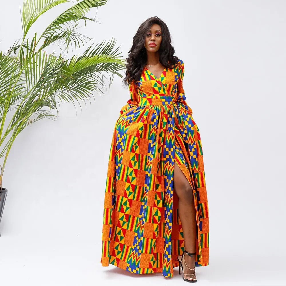 Alta qualidade 100% algodão Ankara Print Moda V-neck Maxi Wrap Dress Casamento crescer roupas africanas para as mulheres