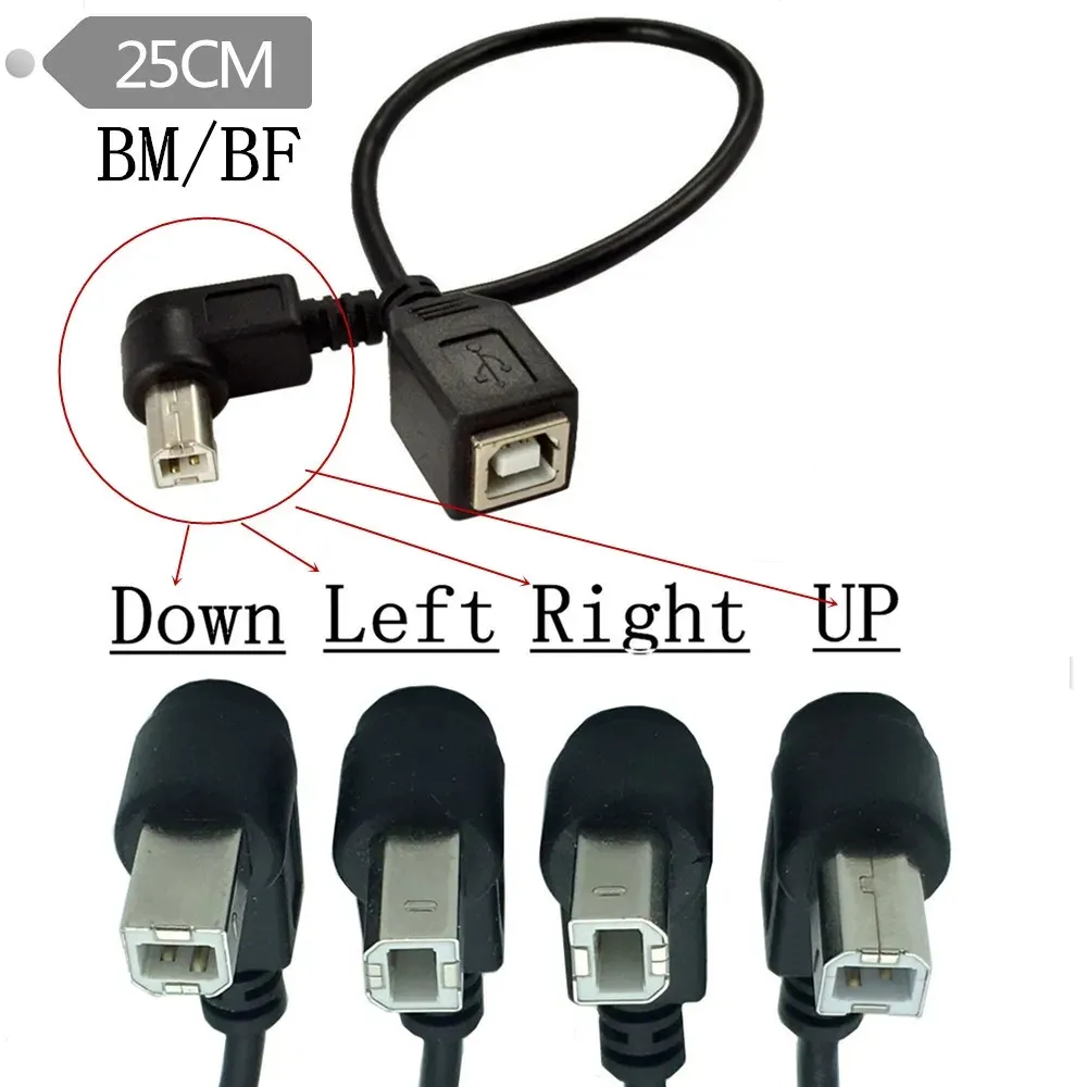 USB 2,0 B hembra a tipo-B macho 90 grados ángulo recto impresora Cable de extensión corto para impresora escáner HDD móvil y más