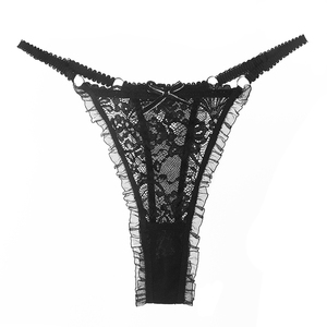 Atacado Sexy Black Lace Mulheres Underwear Ruffle Bow Alça Ajustável Tanga Senhora Meninas Calcinha Transparente <span class=keywords><strong>G</strong></span> <span class=keywords><strong>String</strong></span>