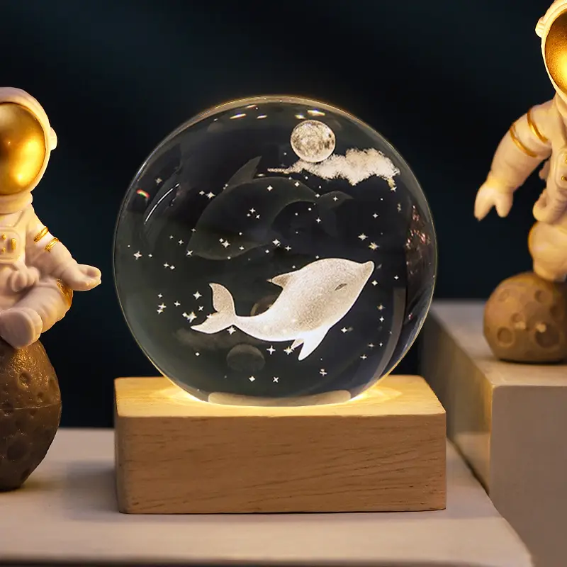 3D LED luci notturne regalo di natale 3D sfera di cristallo Base in legno sistema solare pianeta luce camera da letto tavolo decorazione scrivania