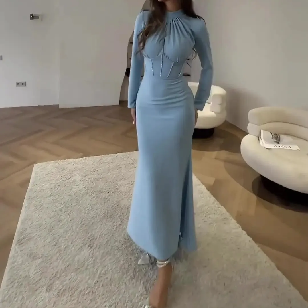 2024 Summer Blue Casual Dress Side Bifurcation Buttoned Cuffs Long Sleeve Maxi Dress For Women