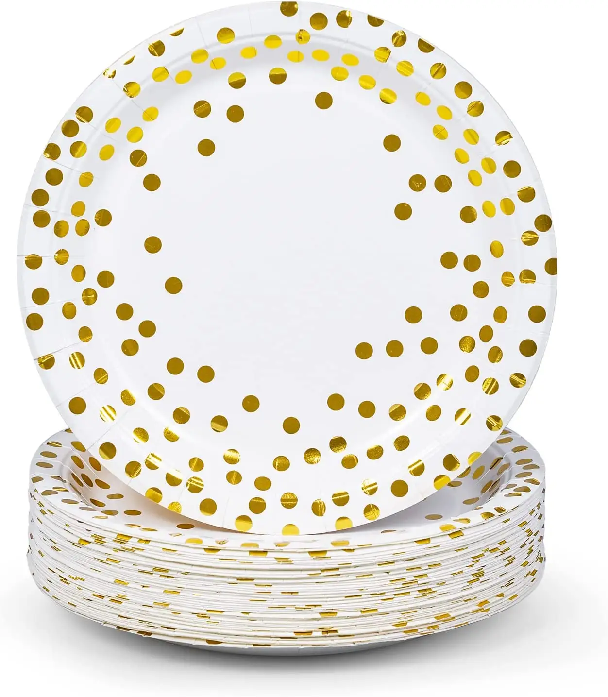 Одноразовые бумажные тарелки из белой и розовой золотой фольги в горошек