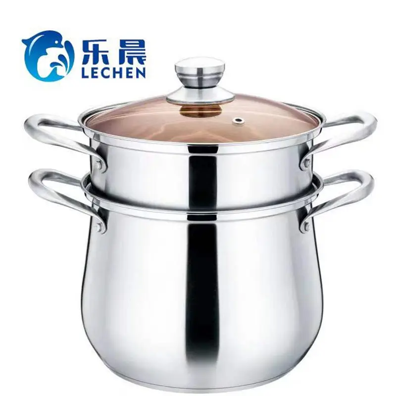 High Quality Stainless Steel Steam two layers Cooking Pot After double bottom High Soup Pot Food Steamer with Visible Lid