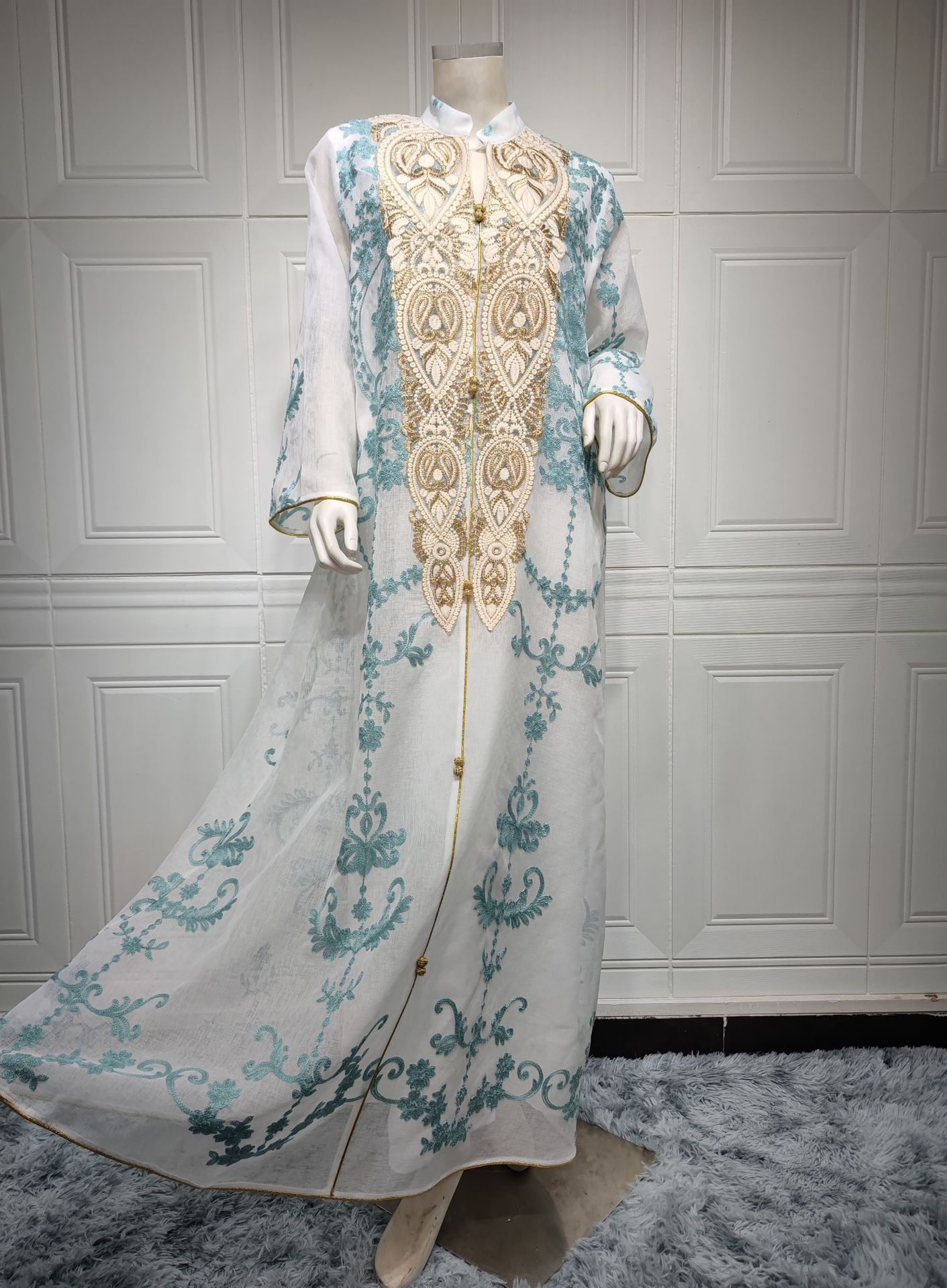 Dubai Arab Eid Al Fitr Middle East Gold Sequin Floral Embroidered Muslim Woman White Yarn Jalabiya Maxi Long Knee Length Dress