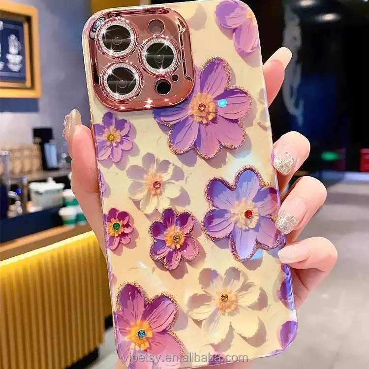 2024 creative rhinestone oil painting flower fashion phone case15promax 14pro lens film 13 12 11 fall proof 15plus for iPhone
