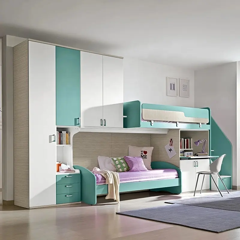 NOVA 재고 청소년 트윈 침대 단단한 나무 어린이 침실 세트 가구 현대 절약 공간 어린이 이층 침대 캐비닛과