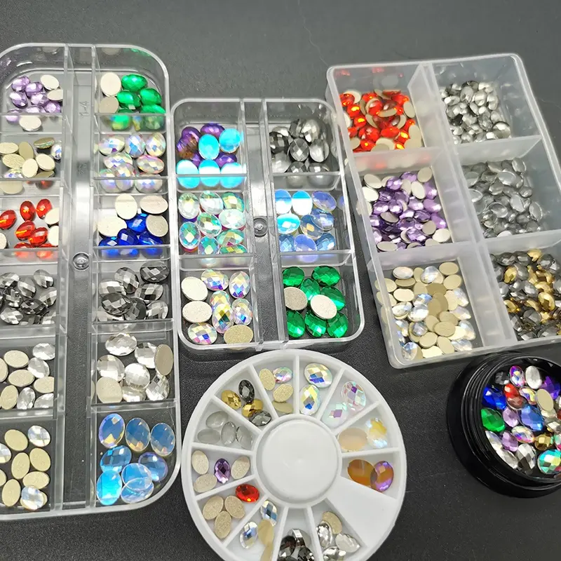 HZRcare Wholesale High Quality 1440 Nail Flatback K9 Multi Colors Mixed Different Shape Rhinestones in Packing Box