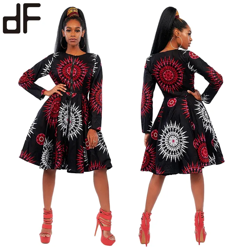 핫 세일 겸손한 캐주얼 아프리카 패션 디자인 드레스 스타일 기하학적 아프리카 인쇄 드레스 미디 길이 젊은 숙녀 패션 드레스