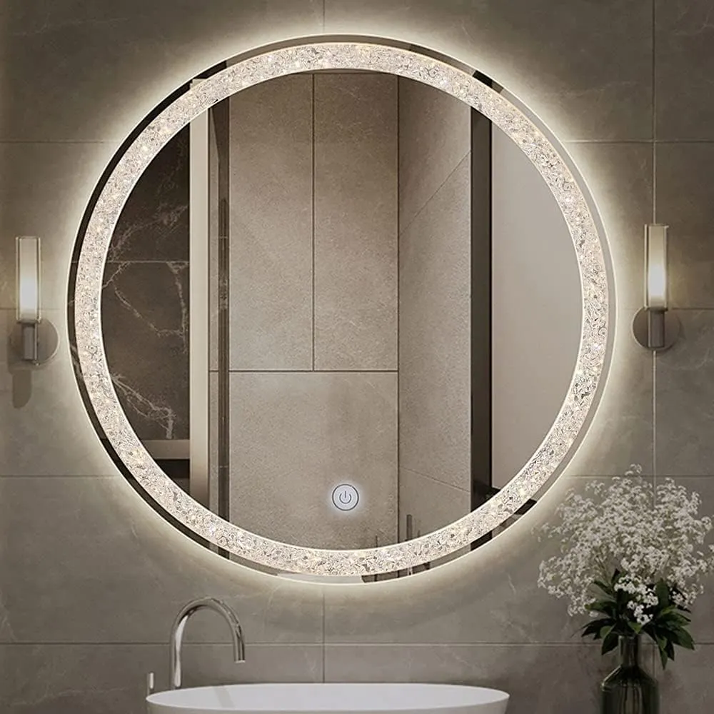 Miro Personalizado Forma Moderna Círculo Frontalmente Iluminado Led Espelho com Cristal para Banheiro