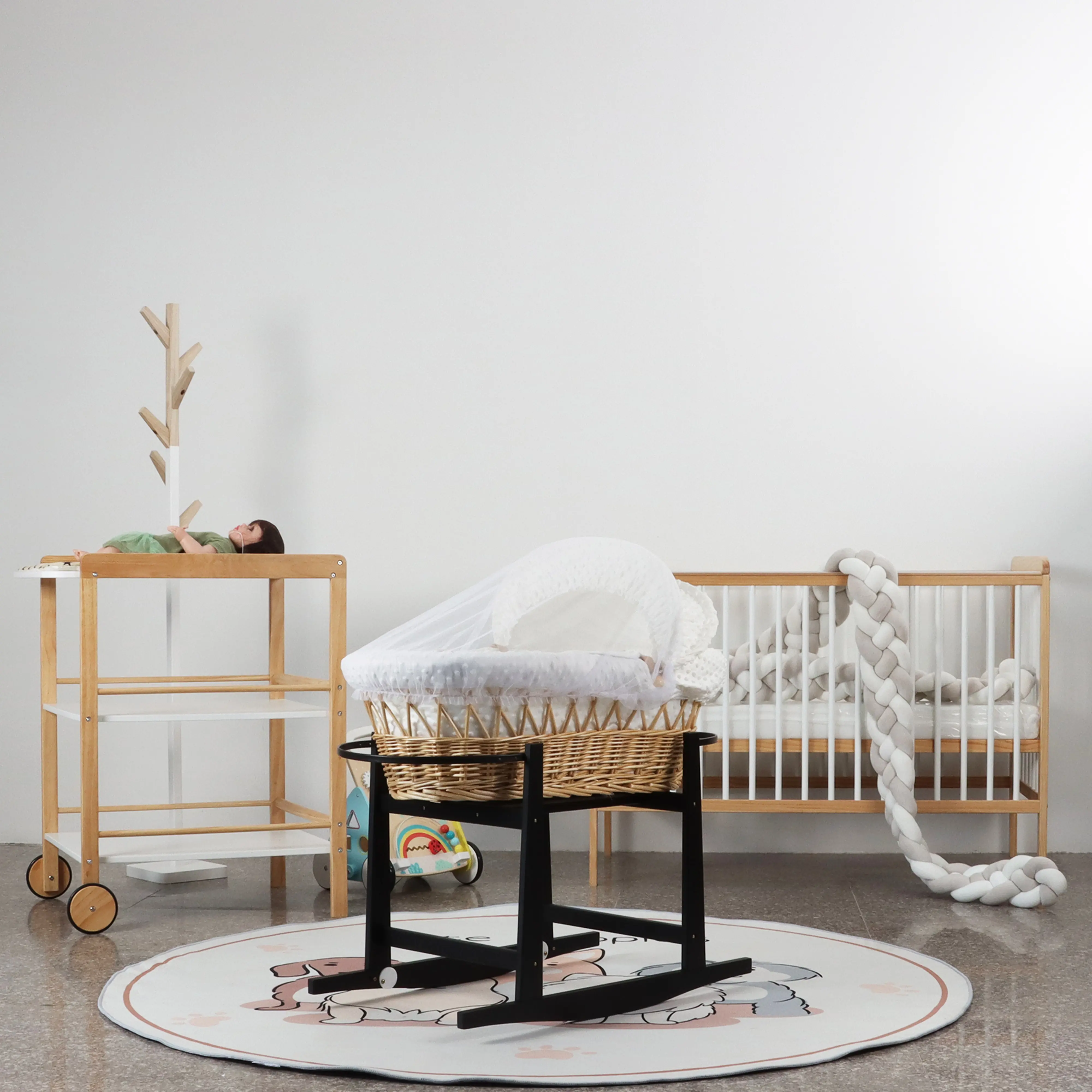 Supporto per culla a dondolo in legno massello con finitura nera cestino in legno culla per neonato lettino per culla mobili per bambini