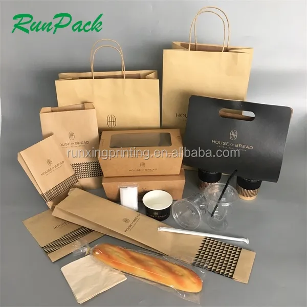 Bolsa de papel kraft para llevar comida, embalaje para llevar comida con asa plana, diseño personalizado, tu logotipo, entrega en restaurante, color marrón