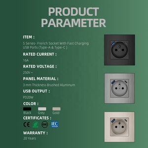 拉丝铝面板欧盟标准法国2P + T墙壁插座，带快速充电a型-C型双USB PD20W端口 - Product Image 2