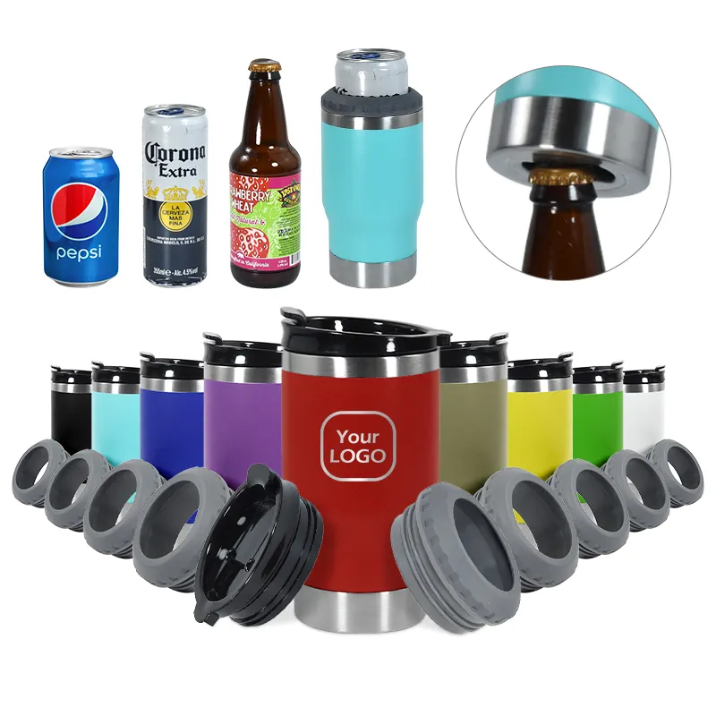 Yeni 14oz 4-in-1 bira iki kapaklı soğutucu olabilir çift duvar kola şişesi paslanmaz çelik soğutucu olabilir seyahat kahve kupa can tutucu