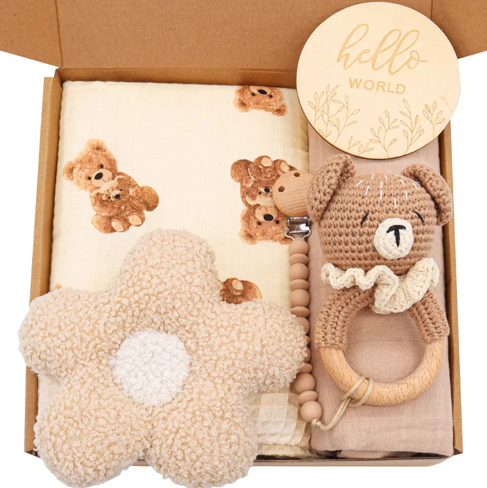 Teddybeer Bamboe Katoenen Mousseline Swaddle Babyborstelset Gehaakte Mijlpaal Houten Kaart Pasgeboren Babyshower Cadeausets